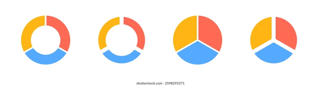 Four circular graphs demonstrate various segmented colors and styles for data visualization purposes.