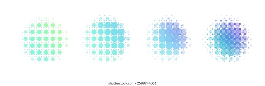 Four circular halftone textures in green to blue hues on a white background. Each circle varies in dot size and density, creating a subtle gradient effect that emphasizes color transition.
