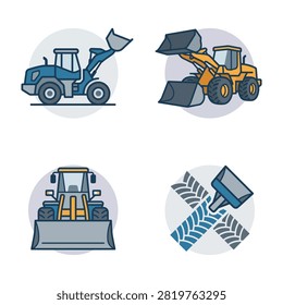 Four circular icon designs showing various heavy construction equipment including wheel loaders and industrial tire tread patterns.