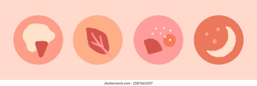 Four circular icons with abstract designs: ice cream, leaf, shapes, and moon. Soft pastel colors create a playful, artistic feel. Abstract and artistic elements. Cute illustrations, vector set.