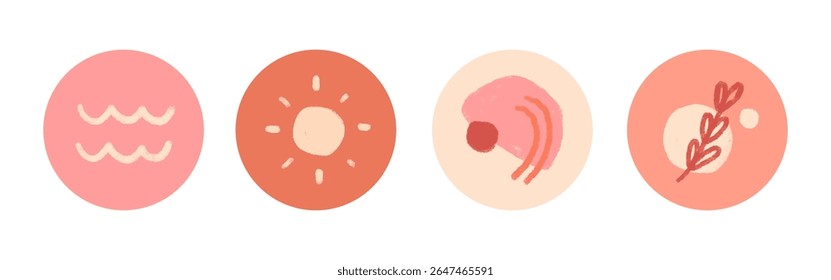 Four circular icons with abstract designs: waves, sun, abstract shape, and plant. Soft pink and orange tones create a harmonious and calming aesthetic. Cute illustrations, vector set.