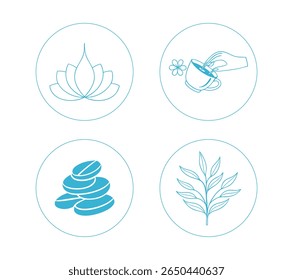 Four circular icons depict spa and wellness themes: lotus flower, tea pouring, stacked stones, and a leafy branch.