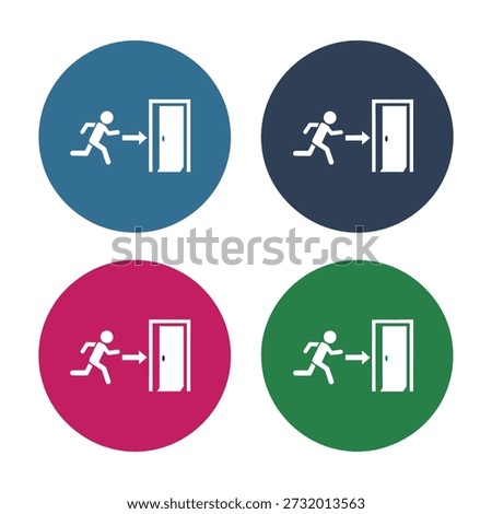 Four circular icons depict a stylized figure running towards an open door, symbolizing exit or escape. Each icon features a different colored background: blue, dark blue, magenta, and green.