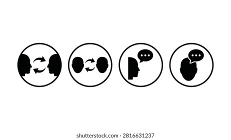 Four circular icons depicting conversation and communication with speech bubbles and arrows