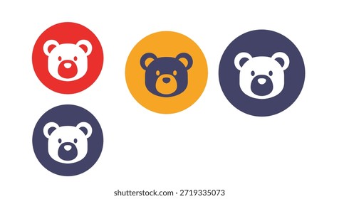 Cuatro iconos circulares con caras de osos de peluche lindos en diferentes combinaciones de colores de rojo, naranja y azul oscuro.