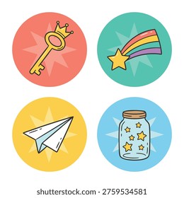 Four circular icons featuring a golden key, a rainbow star, a paper airplane, and a jar of stars.