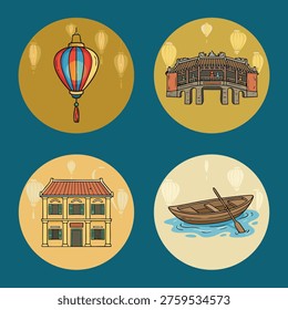 Four circular icons featuring a lantern, a bridge, a building, and a boat, representing Vietnamese culture.