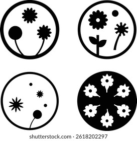 Four circular icons featuring stylized floral designs in black and white.