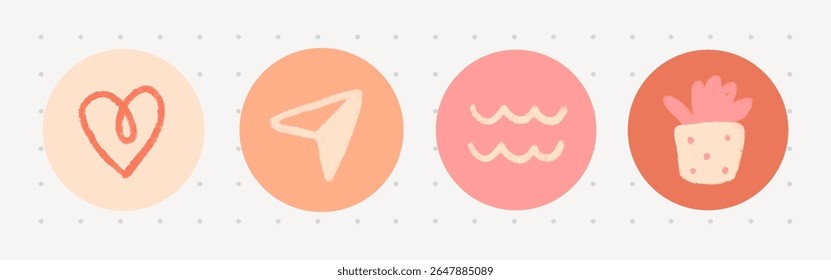 Four circular icons: heart, arrow, waves, plant. Pastel colors, simple design. Heart, arrow, waves, plant in soft, muted tones. Minimalist style. Cute illustrations, vector set.