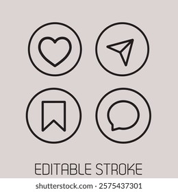 Four circular icons: like, share, save, comment, line art style