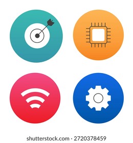 Vier kreisförmige Symbole auf verschiedenen farbigen Hintergründen. Oben links: Ziel mit Pfeil. Oben rechts: Mikrochip auf Orange. Unten links: Wifi-Symbol auf Rot. Unten rechts: Ausrüstung auf Blau.