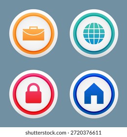 Cuatro iconos circulares sobre un fondo gris. El icono superior izquierdo es el maletín naranja. La parte superior derecha es un globo terráqueo, que simboliza Internet. La parte inferior izquierda tiene un candado rojo. La parte inferior derecha muestra una casa azul.