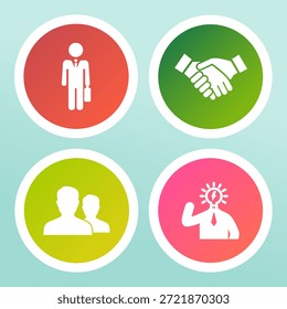 Cuatro iconos circulares sobre un fondo azul claro, cada uno en un color diferente. Una persona vestida de negocios con un maletín. Apretón de manos, que simboliza la colaboración o el Acuerdo. Siluetas de dos personas, representando el trabajo en equipo o la comunidad. Bombilla como cabeza, indicando creatividad o ideas.