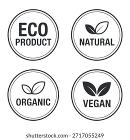 Four circular icons representing eco friendly qualities eco product natural organic and vegan displayed in a simple black and white design