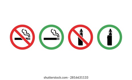 Four circular icons showing no smoking and vaping prohibition with allowed and disallowed symbols