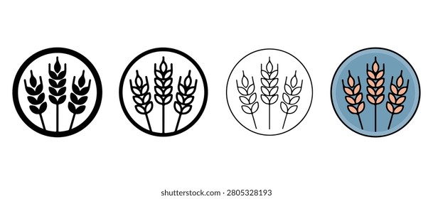 Four circular icons of wheat or barley ears in different colors and styles for agriculture or food related concepts simple illustrations
