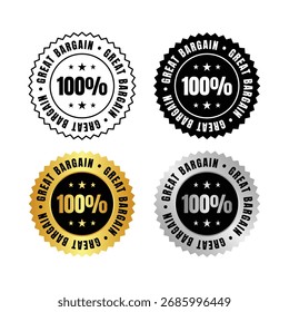 four circular labels display a great bargain. they are in black, gold, and silver. each label features stars and a value inside. these are great for promotions and marketing materials