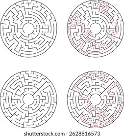 Vier kreisförmige Labyrinth-Rätsel mit Lösungen, die in roten gestrichelten Linien angedeutet sind und auf Problemlösung hinweisen und den richtigen Weg finden