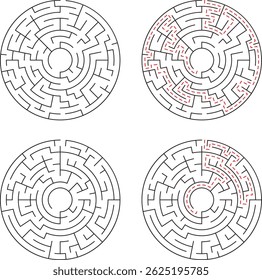 Four circular labyrinth puzzles with solved and unsolved paths for problem solving and cognitive engagement