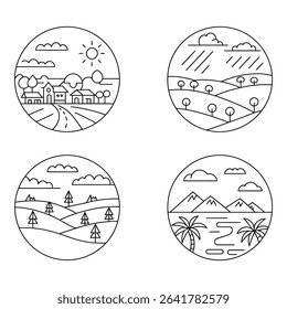 Four circular line art landscapes isolated on white background