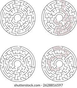 Four circular maze illustrations with two showing a complete path in a dashed red line for concept visualization