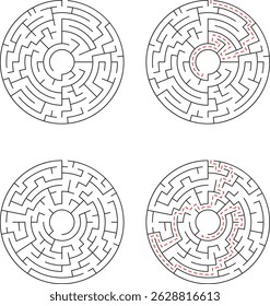 Four circular mazes in different stages of completion with two of them displaying the solution path outlined in red color.