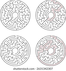 Four circular mazes in a minimalist design with one featuring a solved red path illustrating problem solving and solution finding.
