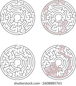 Four circular mazes are shown two complete mazes and two with partially solved paths highlighted in red. These are classic puzzle games, ideal for brain teasers.
