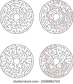 Four circular mazes are shown. Two mazes are unsolved, and two display the solved paths. The mazes present a challenge of finding a path from the outer edge to the center.