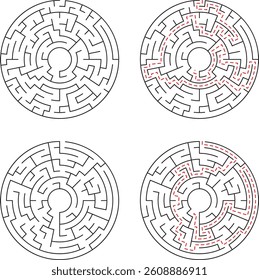 Four circular mazes are shown two are unsolved, and two display the solution paths. The mazes feature concentric circles and complex pathways.