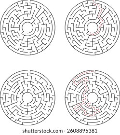 Four circular mazes are shown two unsolved and two solved with a dashed red line indicating the solution path through the concentric circles. Simple, classic maze designs.