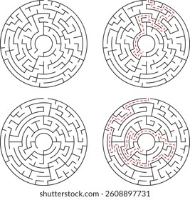 Four circular mazes shown, two unsolved and two with dashedline solutions highlighting the path from outer to inner circle.