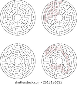 Four Circular Mazes Two Solved With Red Dotted Line Path Illustrated