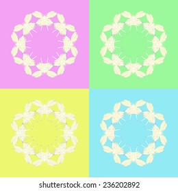 Four circular motif of colored feathers on a multicolored background. Handmade.