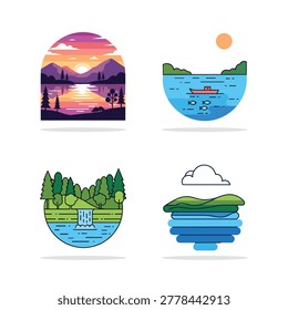 Four circular nature scenes show a sunset mountain lake, a small boat on water with fish, a forest waterfall, and layered green hills with a cloud on a light background.