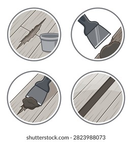 Four circular panels showing the process of repairing a damaged wooden floor with filler using a spatula.
