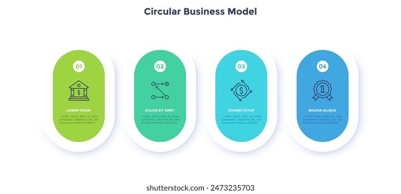 Four circular paper elements placed in horizontal row. Concept of 4 steps of startup project development. Flat infographic design template. Simple vector illustration for business data visualization.
