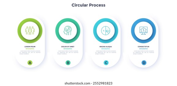 Four circular paper elements placed in horizontal row. Concept of 4 steps of startup project development. Flat infographic design template. Simple vector illustration for business data visualization.