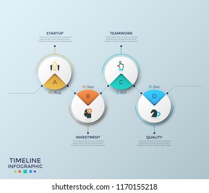Four circular paper white elements with linear symbols, letters and date indication connected by horizontal zigzag line. Project completion plan. Infographic design template. Vector illustration.