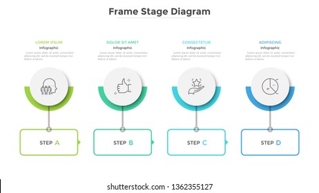 Four Circular Paper White Elements Placed In Horizontal Row. Concept Of 4 Stages Of Business Strategy Plan. Flat Infographic Design Template. Modern Vector Illustration For Progress Bar, Timeline.