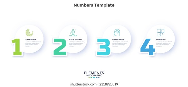 Four circular paper white elements with digits, figures or numbers. Concept of 4 stages of business strategy development. Simple flat vector illustration for information visualization, presentation.