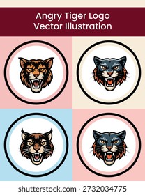 Quatro logotipos circulares de cabeça de tigre e pantera em um padrão de grade