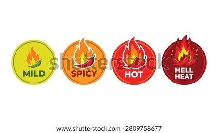Four circular vector illustration icons showing increasing spicy chili heat levels
