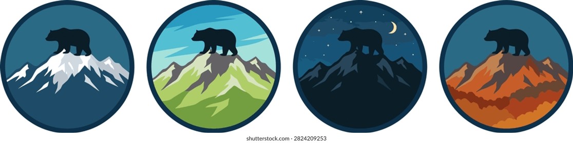 Four circular vector illustrations showing a black bear standing on a mountain peak during various times of day and seasons.