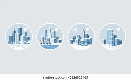 Four circular vector illustrations showing beautiful modern cityscapes covered in white snow during winter season.