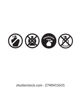 Four circular warning signs depicting fragrance restrictions and prohibitions