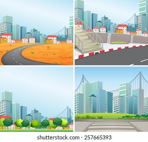 escenas de cuatro ciudades a la hora del día