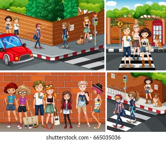 Four city scenes with young hipsters illustration