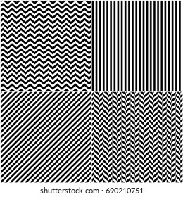 Four classic black_and white lines seamless patterns collection. Diagonal, chevron, zigzag and vertical straight lines seamless monochrome pattern. Monochrome stripes texture background. 