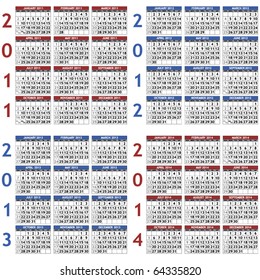 Four classic calendar templates for years 2011 - 2014, easy editable, weeks start on Sunday